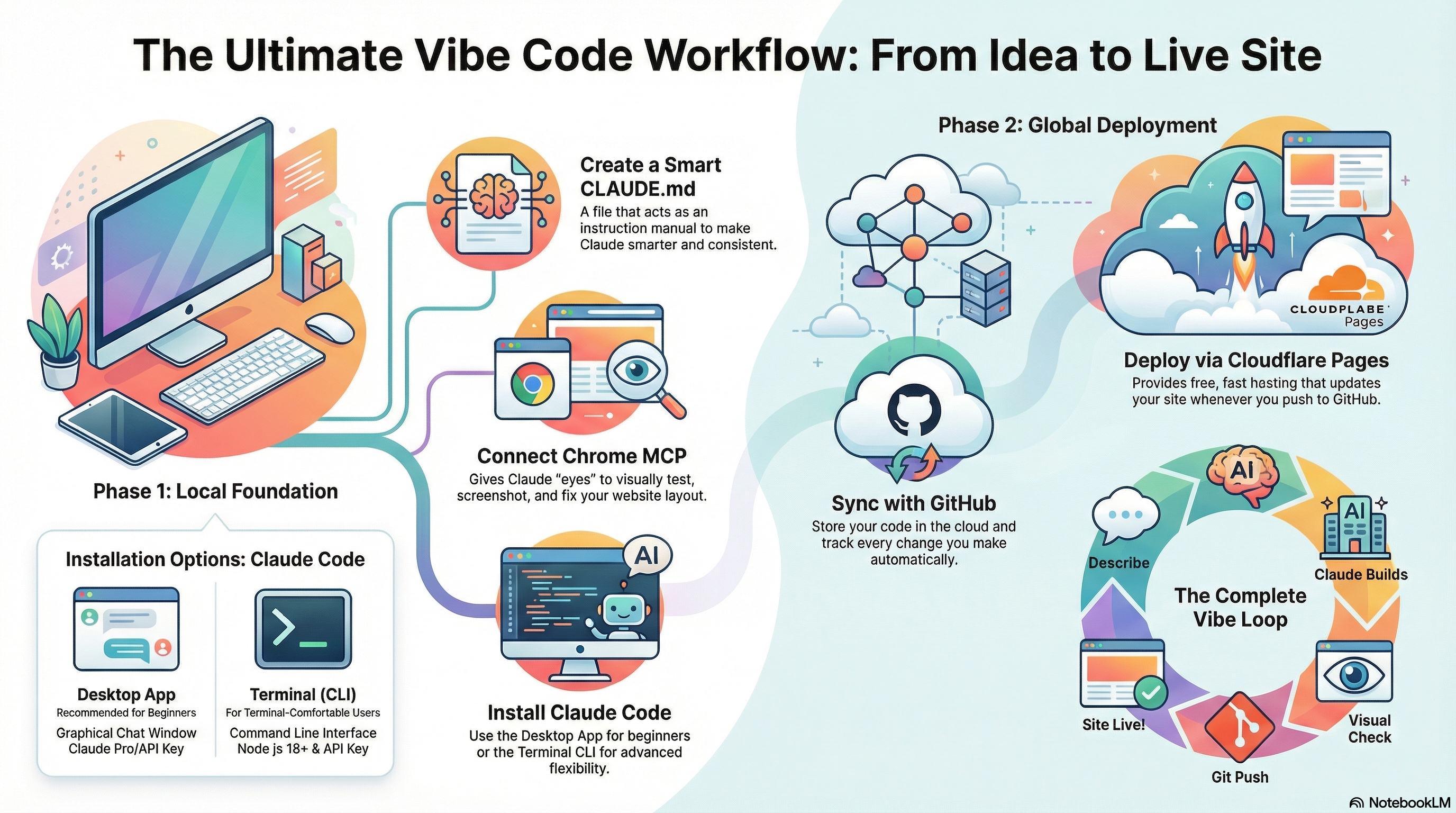 The Ultimate Vibe Code Workflow: From Idea to Live Site — showing Phase 1 (Install Claude Code, Connect Chrome MCP, Create CLAUDE.md) and Phase 2 (Sync with GitHub, Deploy via Cloudflare Pages, The Complete Vibe Loop)